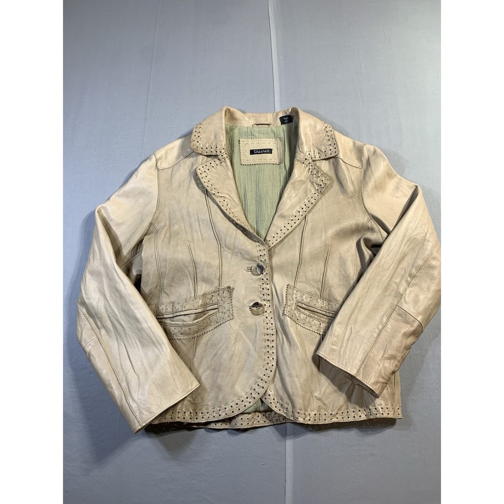 Tahari Distressed Olive Green 2 Button Leather Jacket‎